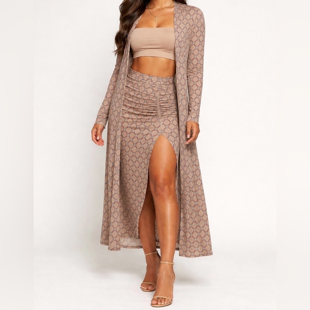 Fashion Nova Chain Print Duster Cardigan + High Slit Skirt Set Beige Size S